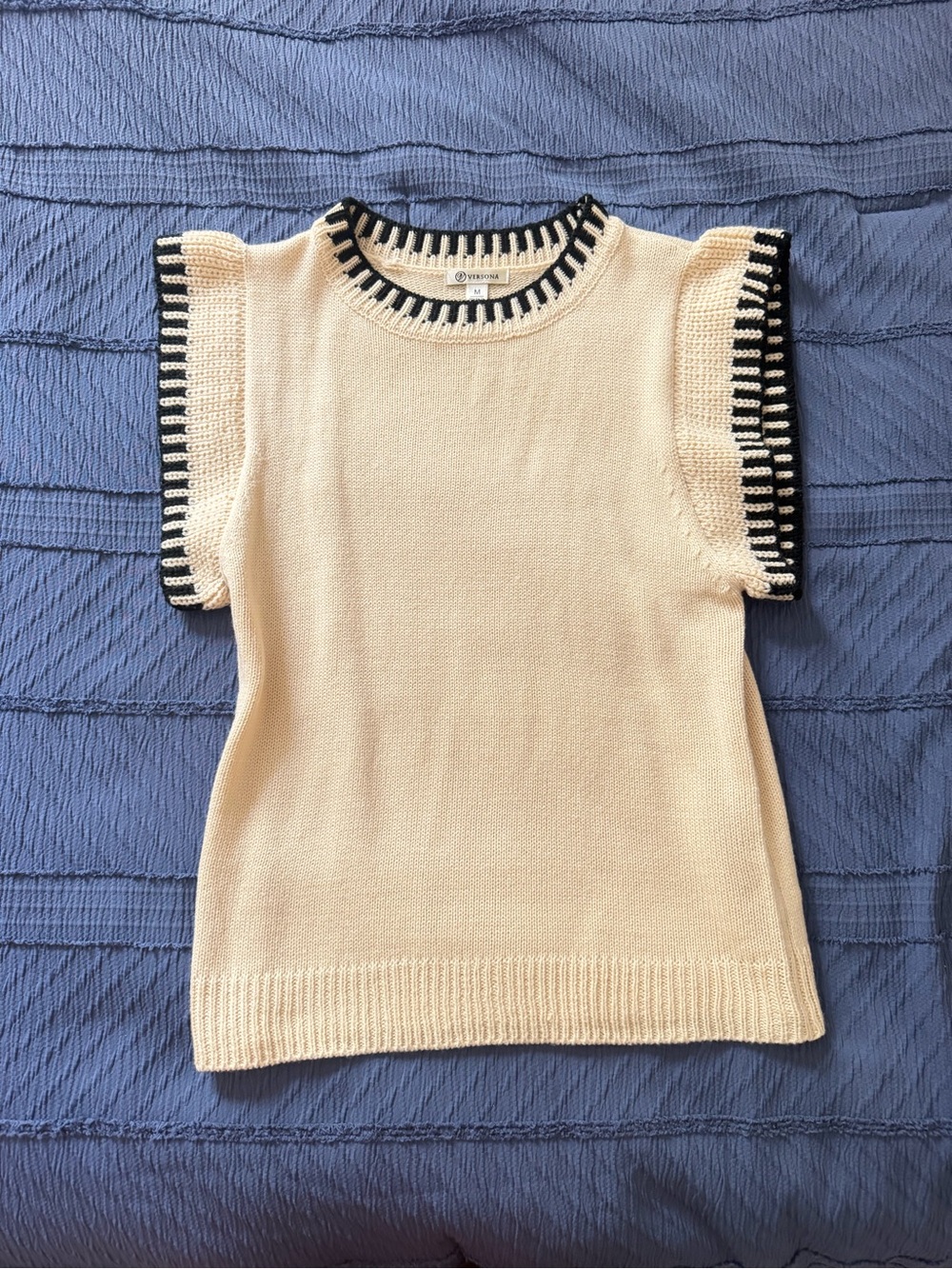 Cream Knit Sleeveless Top with Black Trim